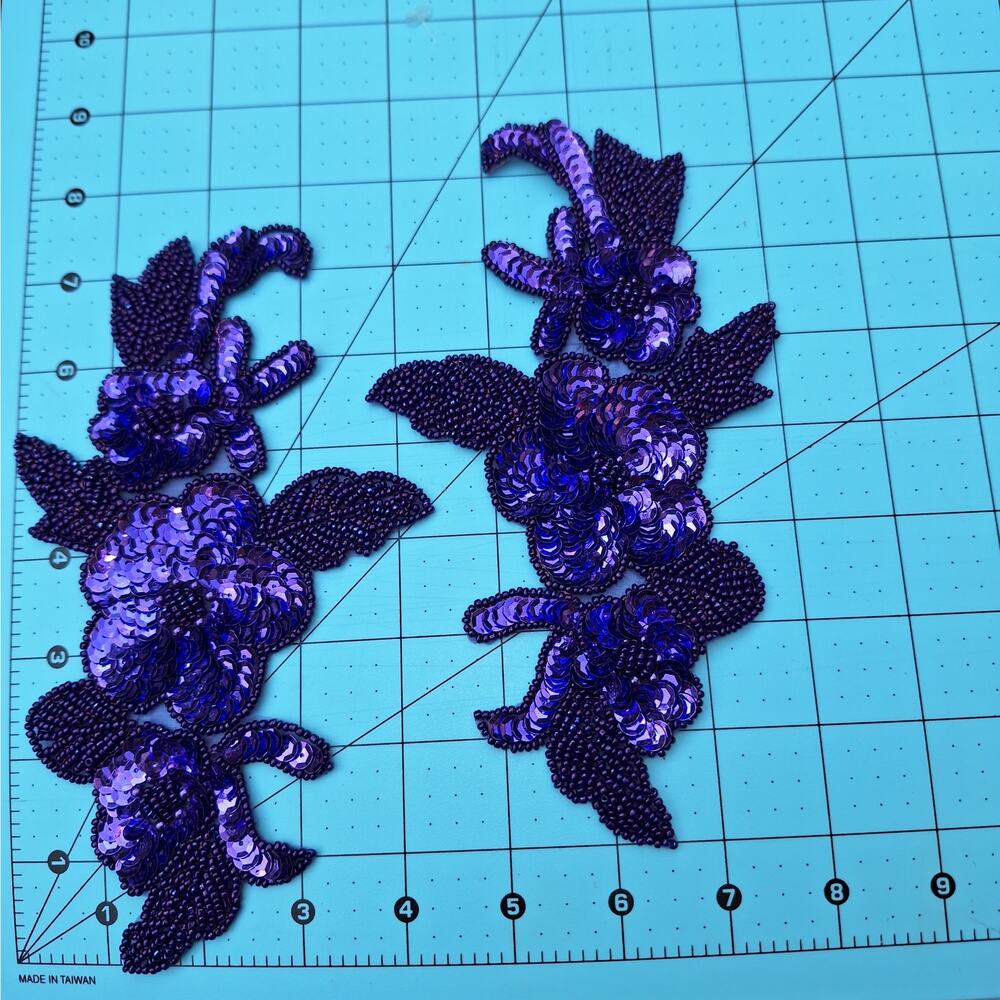 Purple bead and sequin flower appliques mirror pair